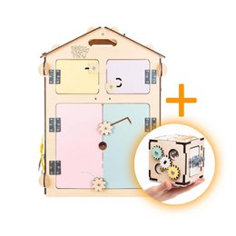 Sæt - BusyBoard sommerhus natura/pastel og kreativ terning