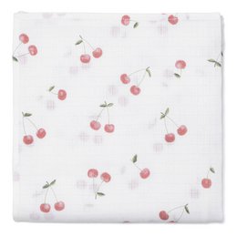 Muslin swaddle 50x50 with a pattern of cherries in various colors including cocoa, dark clouds, light clouds, fish, botanic grey, pink hearts, stars, dots, plants, and botanic.