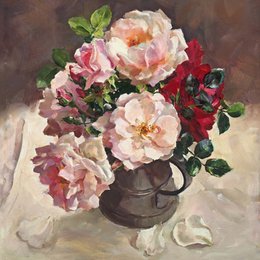 Vintage floral arrangement, pink red cream roses, pewter jug vase, botanical illustration, greeting card design.