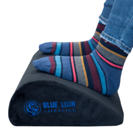 A blue and gray striped footrest with the Blue Lion logo. The footrest appears to be made of a soft, plush material and is designed for comfort and support.