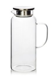 A clear glass pitcher with a stainless steel lid, designed for 1.9L capacity and measuring 8x10.5x25.5cm. Suitable for serving beverages, juices, or water.