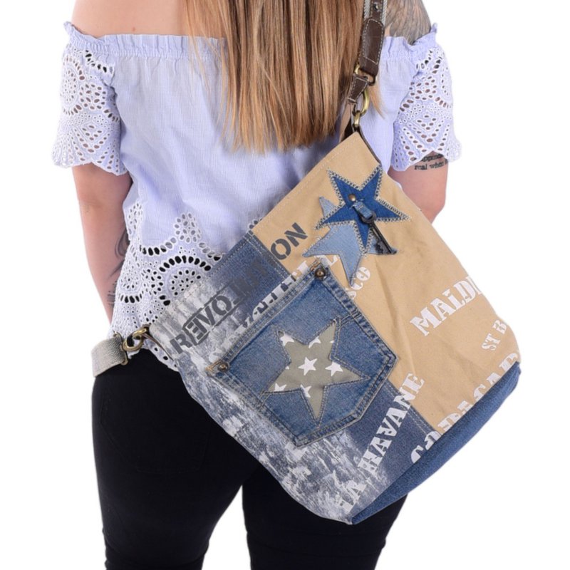 Bolso de hombro sostenible de mujer Sunsa. Bolso bandolera hecho de jeans reciclados y lona (canvas). Bolso estilo retro vintage. Bolso bandolera para mujer.