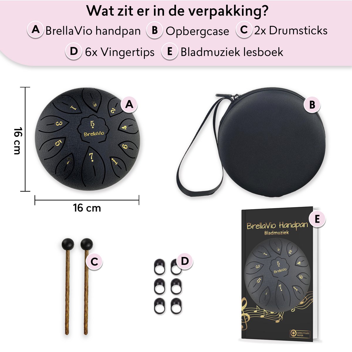 BrellaVio Handpan with Lesson Book - Black - 16cm