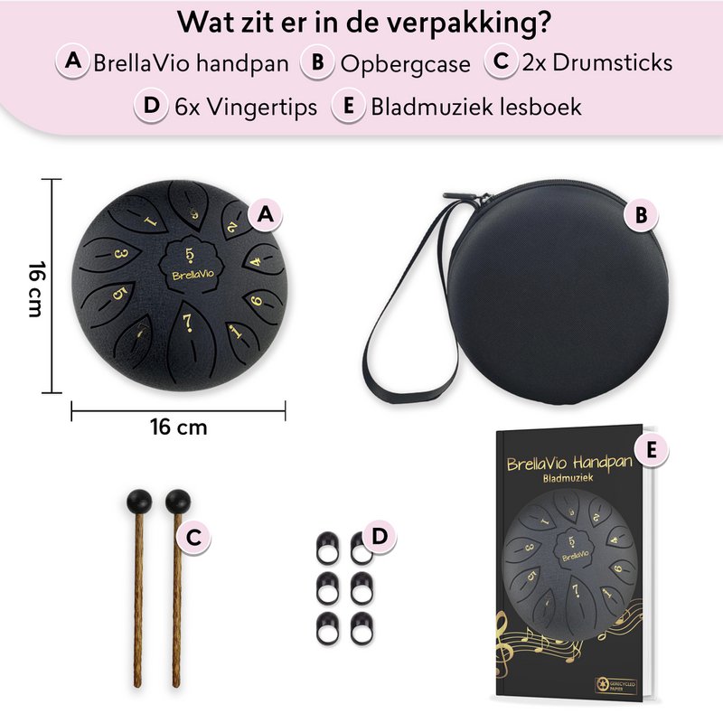 BrellaVio Håndpan med Lesson Book - Sort - 16cm