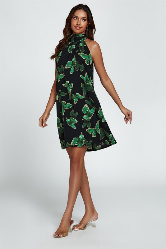 Butterfly Print Halter Neck Bind Mini Dress i grøn
