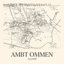 Vintage-style poster featuring a map of Ambt Ommen, a town in the Netherlands. The poster has a monochrome color scheme with a retro aesthetic, showcasing the town's historical layout and geography.