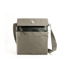 Khaki and cognac messenger bag made of durable tent fabric with a flap closure and adjustable shoulder strap.