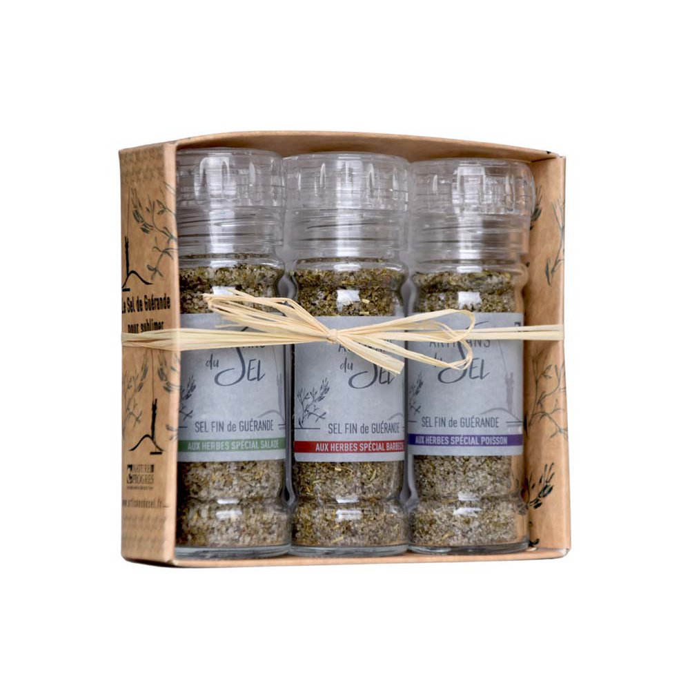 Caja de 3 molinos: sal fina de guérande IGP con hierbas orgánicas (ensaladas, parrillas, pescado) | Artesanos de sal