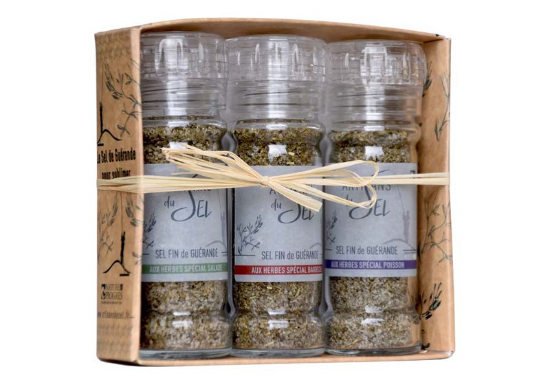 Box di 3 mulini - sale fine di Guérande IGP con erbe biologiche (insalate, griglie, pesce) | Artigiani sale