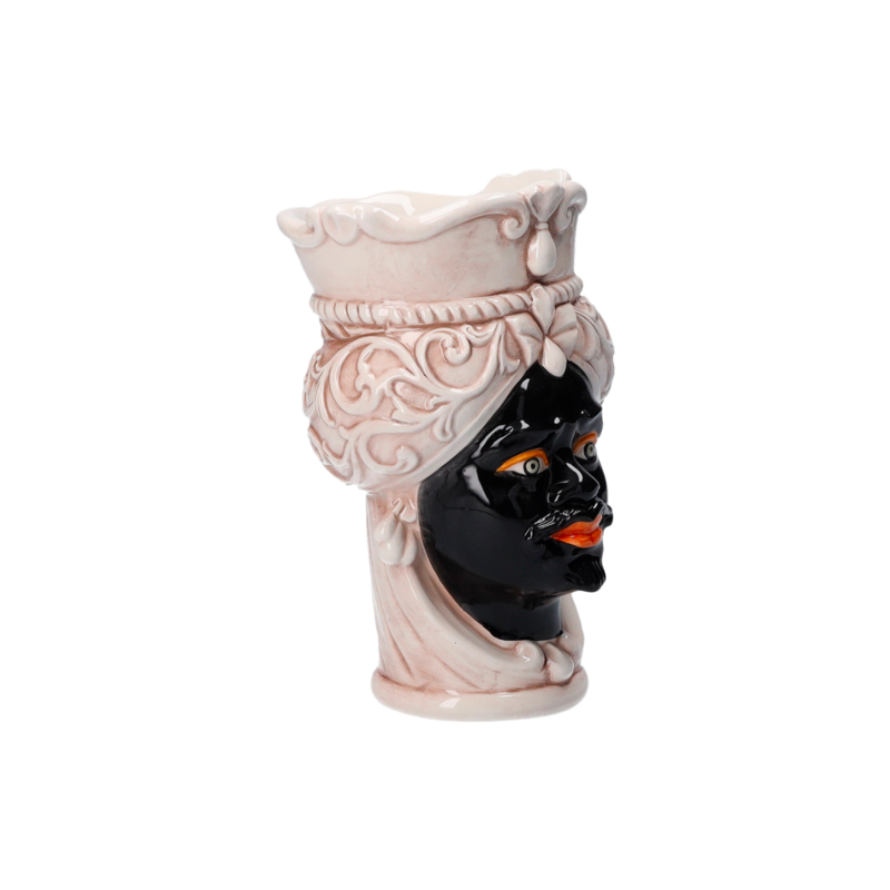 Antike schwarze Männerkopfvase aus Keramik, H 20 x Ø 14 cm