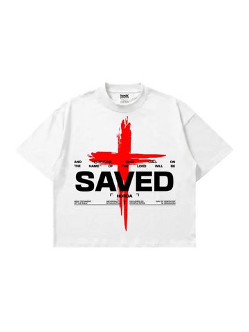 T-Shirt Bianca Boxy Fit „Saved“ 200gsm Made in Italy | Marke Horda
