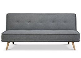 Gray upholstered sofa bed with tufted design and black metal legs, suitable for use as an armchair or a bed.