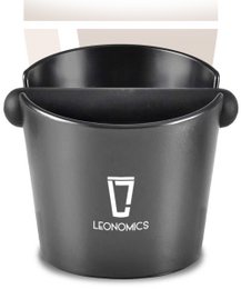 A black knock box with a 1L capacity, designed for use with coffee machines. The knock box features a sturdy, shock-absorbing design to withstand frequent use.