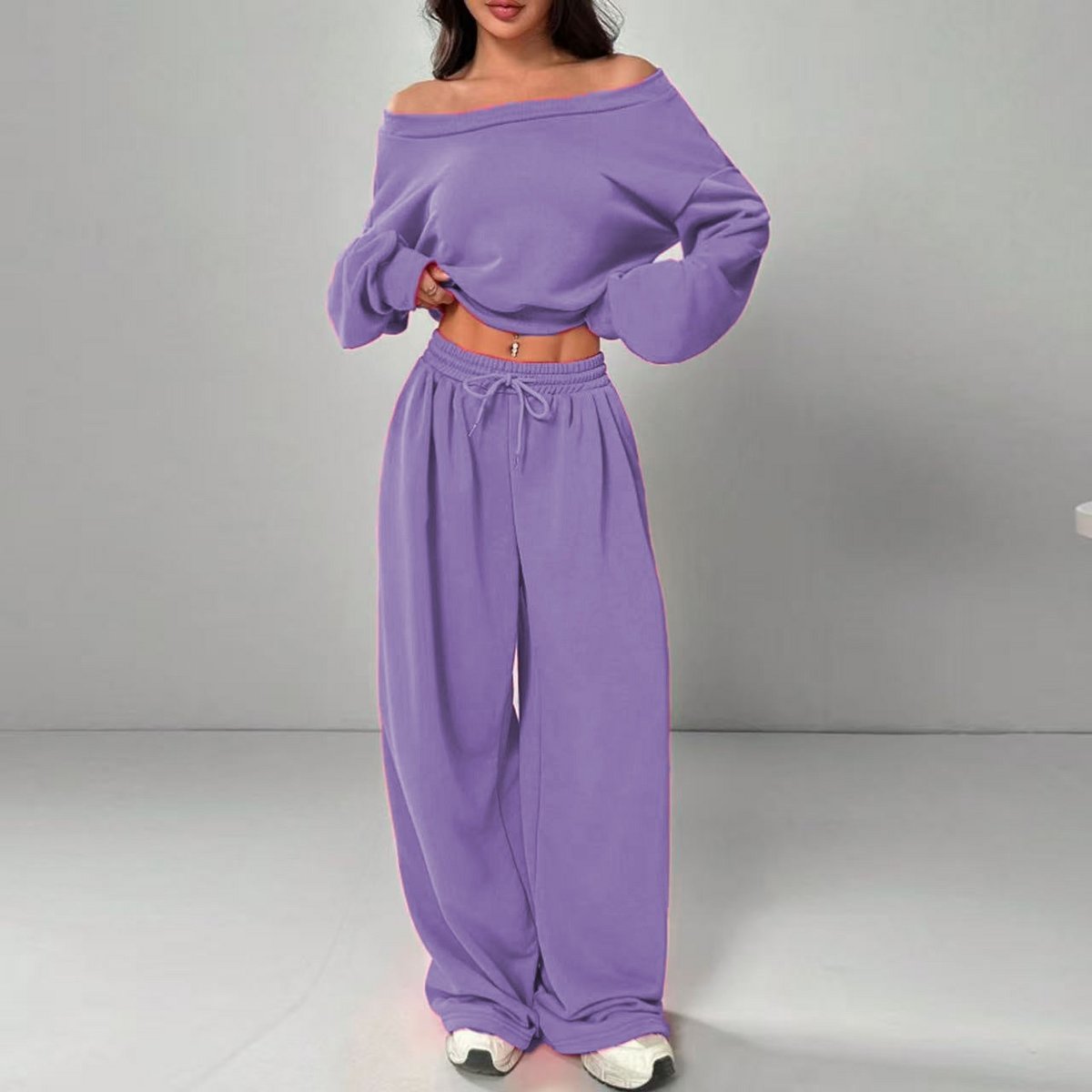 Damesmode slim-fit off-the-shoulder navel effen kleur casual broekpak