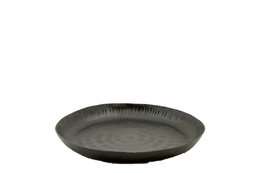  Black round serving tray, 21 diameter, flat shallow dish, modern minimalist design, dark matte finish.