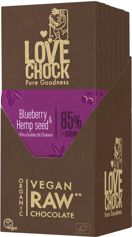 85 % chokolade med blåbær & hampefrø - Økologisk, rå, plantebaseret og bæredygtig kopi