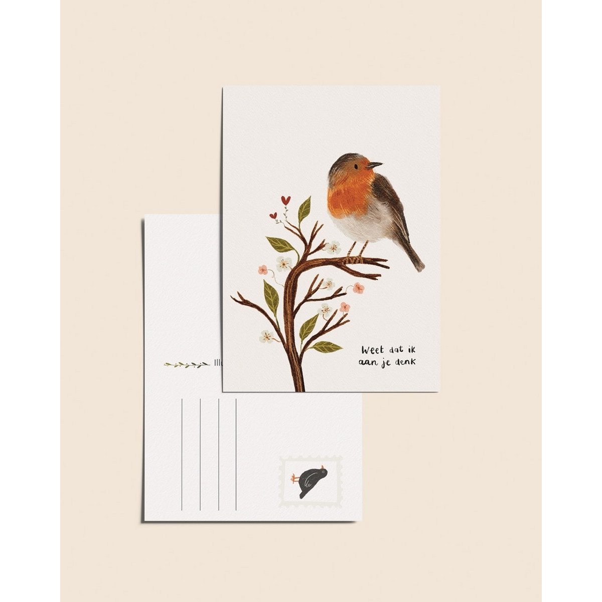 “Know that I am thinking of you” – A6 Postcard with Robin | 350gsm Tintoretto Gesso