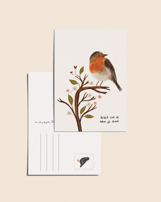 “Know that I am thinking of you” – A6 Postcard with Robin | 350gsm Tintoretto Gesso