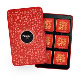 A box of 12 squares of milk chocolate, 58g in total. The box has a red and gold design with a floral pattern, and contains individually wrapped chocolate squares.