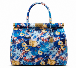 Blue floral Italian leather handbag with gold accents, structured tote shape, colorful flower pattern design.