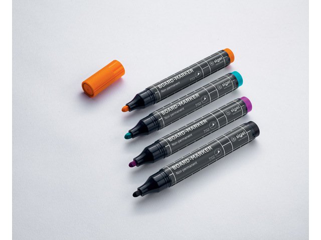 Marqueur pour tableau blanc Sigel 4 couleurs noir/cyan/magenta/orange.