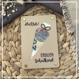 Cream colored school start gift card with ice cream cone design, "Hurra Schulkind" text, scissors motif, perfect for first day school celebration.