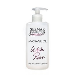White rose scented massage oil, 500 ml bottle with pump dispenser, natural ingredients, suitable for body massage.