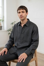 "Gray linen shirt men's long sleeves button-up casual lounge relaxed fit breathable natural fabric"