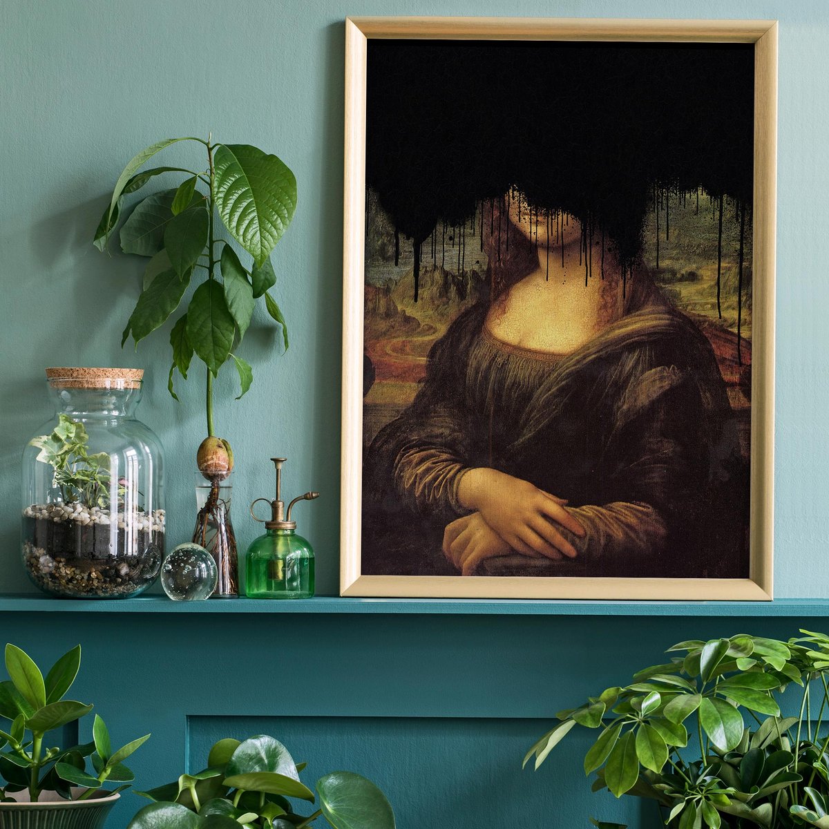 Estampado de grafiti negro Drippy Mona Lisa