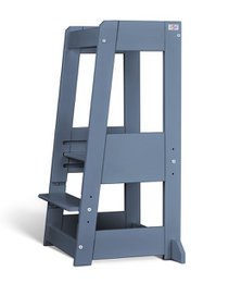 A blue-gray learning tower with a beech wood frame and a pigeon blue color. The tower has an open design with multiple platforms for a child to stand on and explore.