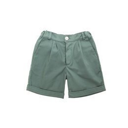 Olive green kids' shorts with pleated front and cuffed hems. Available in sizes 3/4 anni, 5/6 anni, and 7/8 anni.