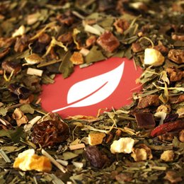 Organic Mango Physalis - Yerba Mate tea in various packaging sizes, including pouches and metal boxes. The tea features a blend of mango, physalis, and yerba mate, with a vibrant red color visible in the product images.