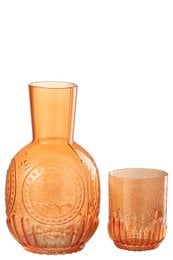 Orange glass carafe and glass set with textured pattern. Includes a tall carafe and a matching glass.