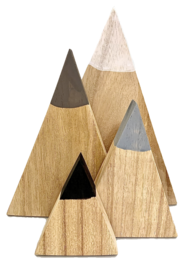  Wooden mountain-shaped statues in neutral tones of beige, brown, and gray. Geometric, minimalist design suitable for home decor.