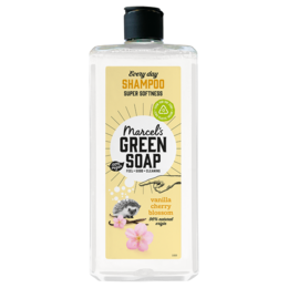 A 300ML bottle of Marcel's Green Soap Every Day Shampoo in Vanilla & Cherry Blossom scent. The shampoo is made with natural ingredients and is suitable for everyday use.
