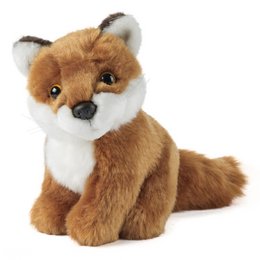 Soft, plush fox stuffed animal in a sitting pose, with realistic brown and white fur coloring.