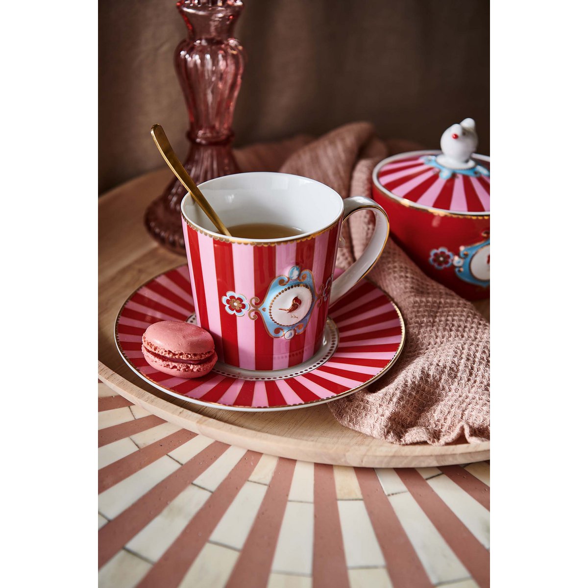 Mug Large Love Birds Medallion Stripes Red-Pink 250ml
