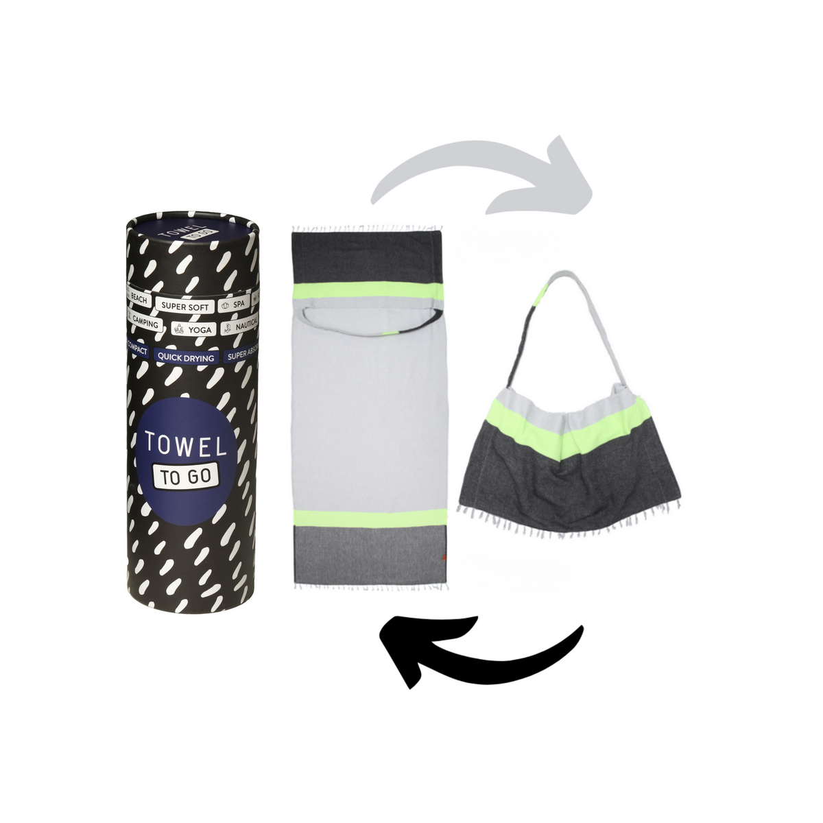 TOWEL TO GO NEON Telo mare e borsa 2 in 1 in cotone riciclato 180x100 cm | Asciugatura rapida | Grigio/Nero | con confezione regalo