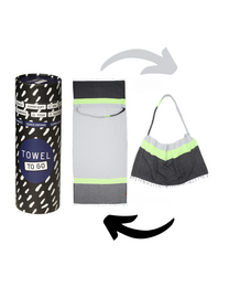TOWEL TO GO NEON 2-in-1 Recycled Cotton Beach Towel & Bag 180x100 cm | Quick Dry | Grey / Black | with Gift Box