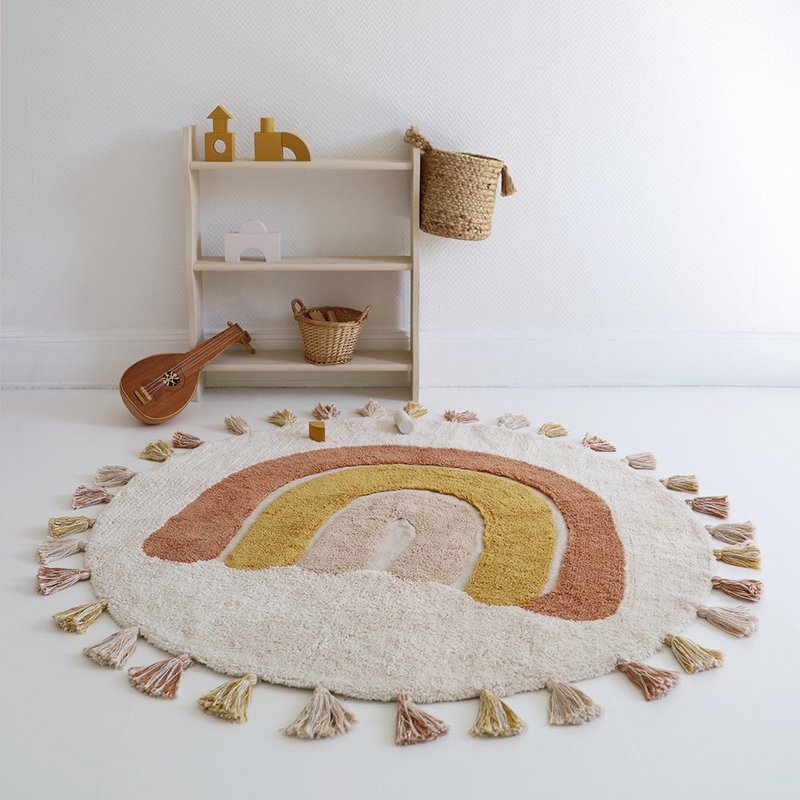 Rainbow washable cotton children's rug with RAINBOW TOFFEE pompoms
