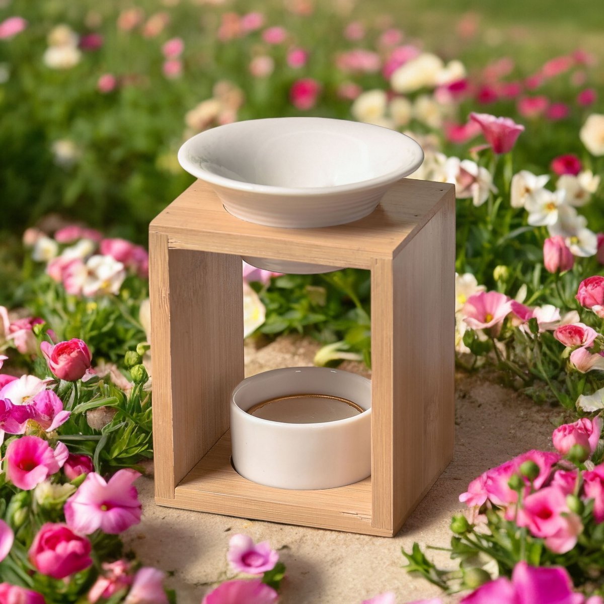 Parfümbrenner Naturea-Serie – Arina – Duftwachs-Schmelzbrenner – Diffusor für ätherische Öle und Raumdüfte – Aromatherapie-Kerzenhalter aus Bambus und Keramik