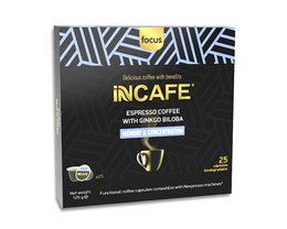Espresso coffee capsules with ginger and cinnamon flavors, designed for Nespresso machines. Provides energy and concentration benefits.