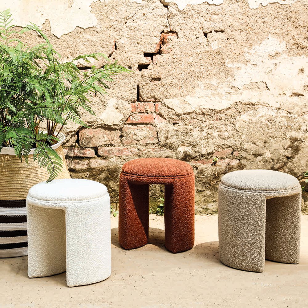 Josy Round Pouf, White Bouclé