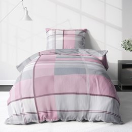 Bedding set with a checked pattern in shades of pink and gray. Includes a duvet cover and pillowcase. Suitable for a double bed.