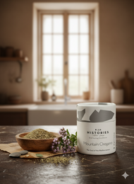 Oregano - The Soul of the Mediterranean. Dried oregano herb in a glass jar with a white label. Rustic, natural setting with a window in the background.