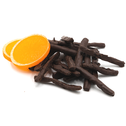 Oranje gekonfijte sticks (donkere chocolade) 100Grs