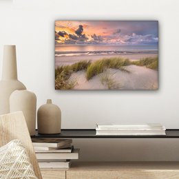 Lærredsmaleri - vægdekoration - solnedgang - klit - strand - planter - hav