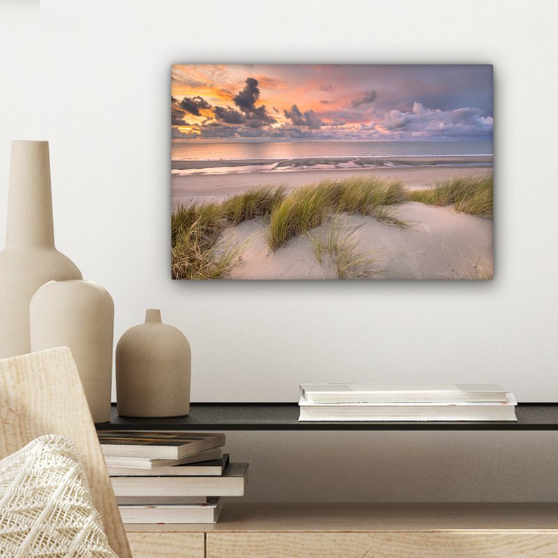 Lærredsmaleri - vægdekoration - solnedgang - klit - strand - planter - hav