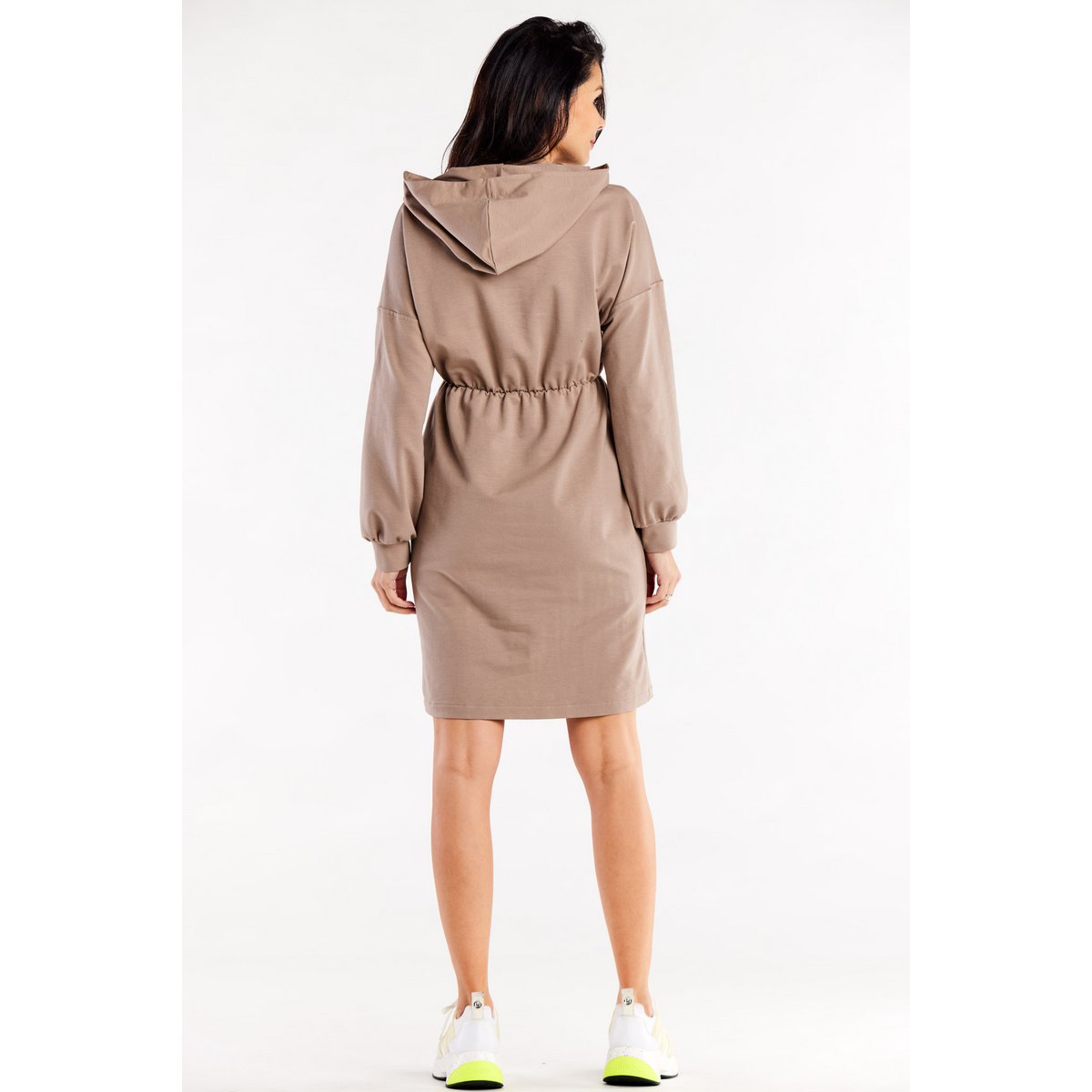 Wijde, beige katoenen jurk in hoodiestijl