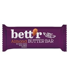 Organic almond butter bar, 30g, in a purple wrapper with the brand name "bett'r" printed on it.